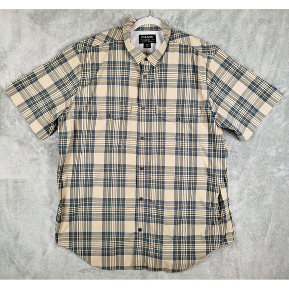 Filson Other - Filson Lightweight Vented Beige Blue Plaid Button Up Shirt Mens 2XL Fishing